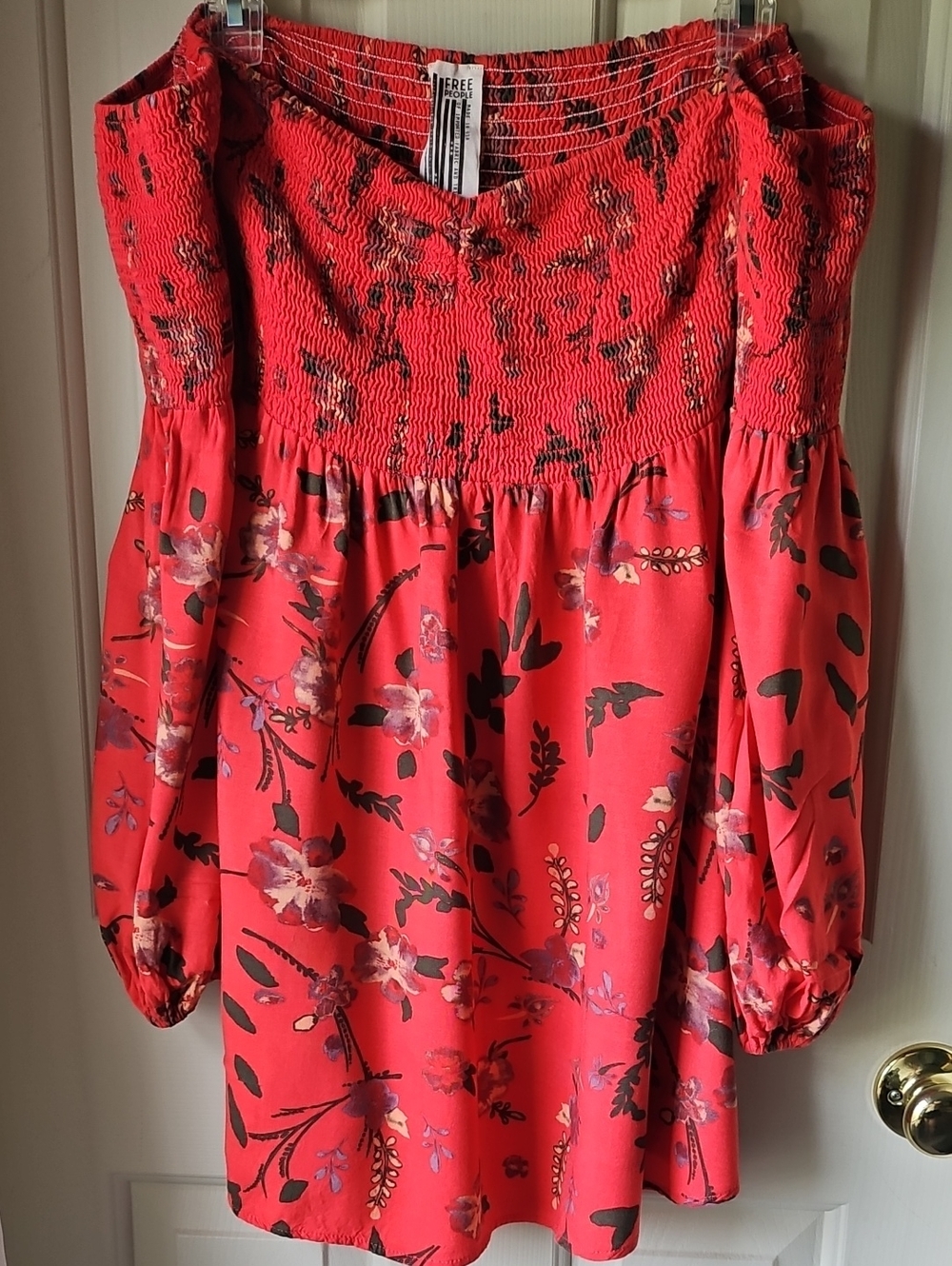 Free People Coral Red Floral Off-Shoulder Smocked Mini Dress